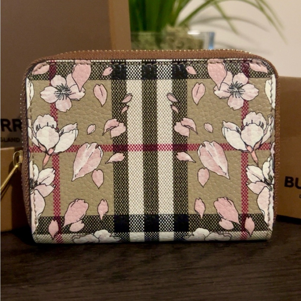 Burberry Cherry Blossom Zip Wallet with Signature Check and Floral Design RARE